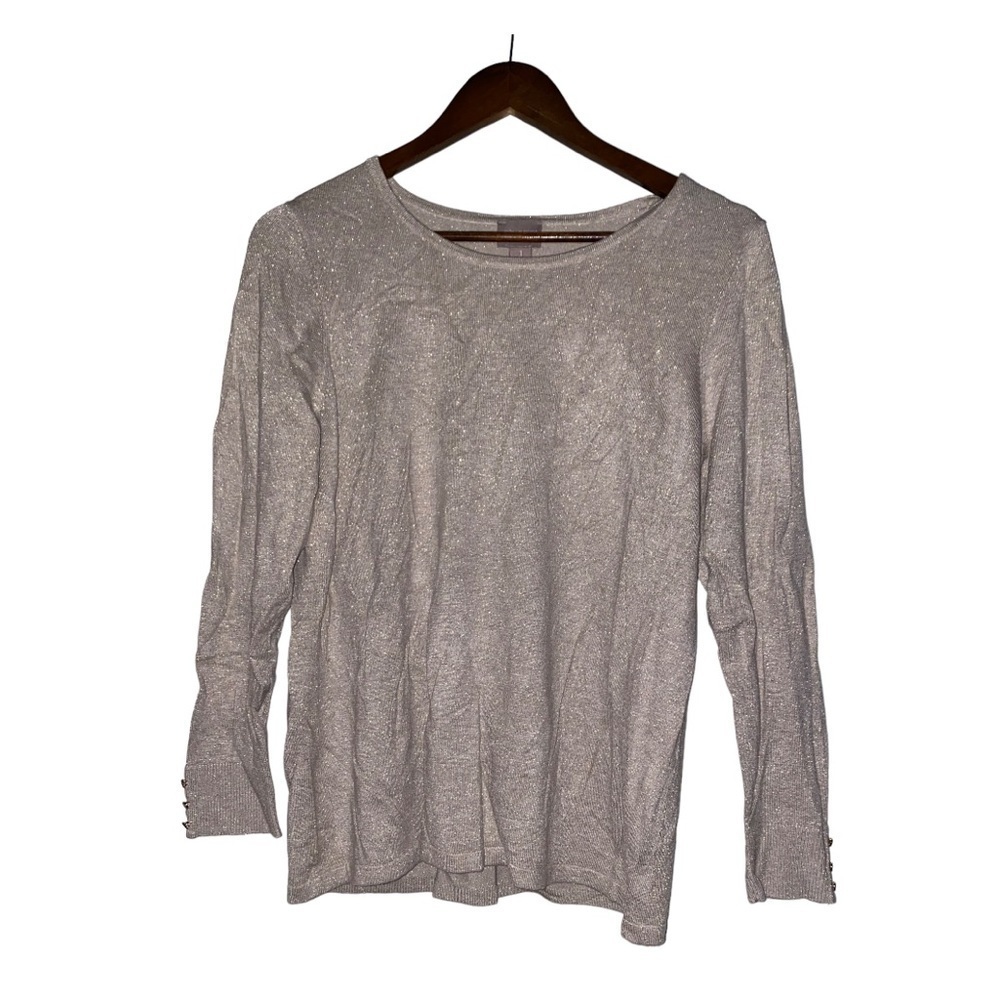Chico's Beige Scoop Neck Rib Knit Office Work Glitter‎ Long-Sleeve Top Medium